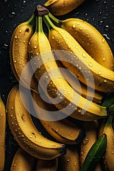 Ripe bananas with dewdrops close-up