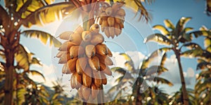 Ripe bananas hang gracefully from a tree, illuminated by dappled sunlight, swaying gently in the breeze