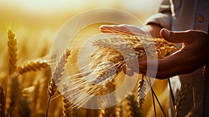 Ripe barley in the field on a hot summer day, Farmer touching his crop with hand in a golden wheat field. Harvesting, organic