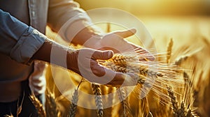 Ripe barley in the field on a hot summer day, Farmer touching his crop with hand in a golden wheat field. Harvesting, organic