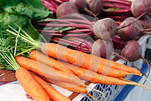 Ripe beet and carrot on the counter of the Belarussian market