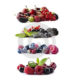Ripe berries and fruits isolated on white background.Juicy and delicious berries and fruits on white background. Mixed fruit and b