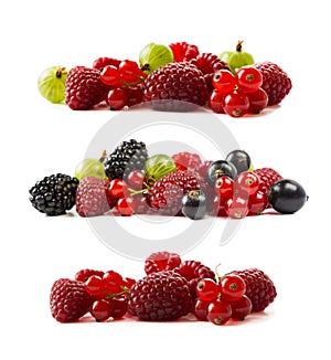 Ripe berries and fruits isolated on white background.Juicy and delicious raspberries, currants, blackberries, gooseberries. Mixed
