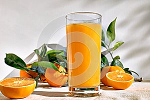 Ripe bio oranges and a glass of fresh squeezed orange juice on white background. Organic Sicilian oranges