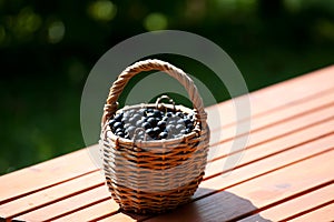 Ripe black currant berries in a basket