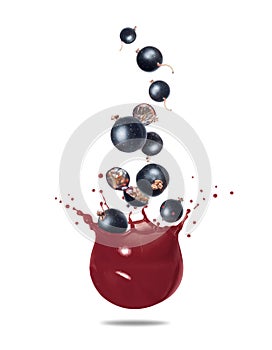 Ripe black currants falling in splashes of juice isolated on white background