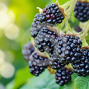 Ripe blackberries hanging, ready for harvest, organic farming