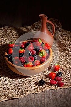 Ripe blackberry, raspberries and strawberry