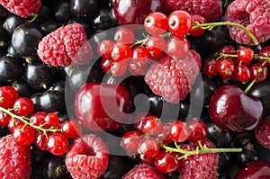 Ripe blackcurrants, cherries, red currants, raspberries. Mix berries and fruits. Top view. Background berries and fruits.