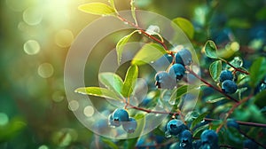 Ripe blueberries on a blueberry bush on a nature forest background. Generative AI