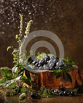 Ripe blueberries and mint on brown background