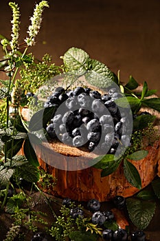 Ripe blueberries and mint on brown background