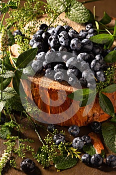Ripe blueberries and mint on brown background