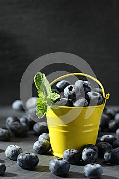 Ripe blueberries in a small bucket on a gray background