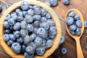 Ripe blueberries in a wooden bowl and spoon on a background of scattered berries. Concept of healthy and dieting eating