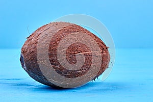 Ripe brown coconut on blue background.