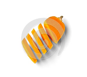 Ripe butternut squash cut into slices, isolated on a white background