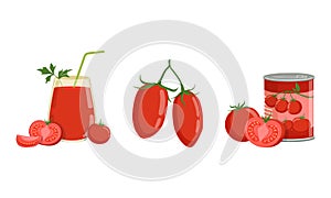 Ripe and Canned Tomatoes Set, Fresh Juice, Tomato Soup, Organic Healthy Product Cartoon Vector Illustration