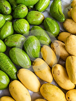 Ripe Carabao Mangoes and Green Avocadoes on display and for sale at a local market store