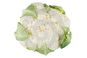 Ripe cauliflower with green leaves isolated on white background photo