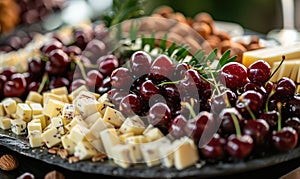 Ripe cherries arranged on a platter with cheese and nuts