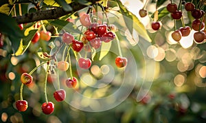 Ripe cherries dangling temptingly from the branches of a cherry tree in a vibrant garden