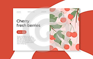 Ripe cherries landing page design. Sweet fresh cherry berry with leaves vector hand drawn website concept