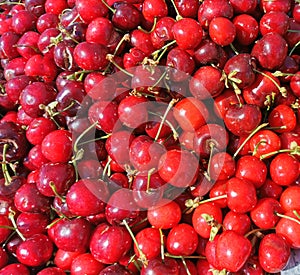 Ripe cherries on the market for sale, seasonal fruits and berries