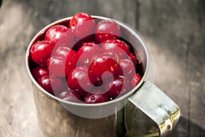 Ripe cherries in a mug