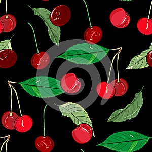 Ripe cherries seamless pattern. Summer berry background