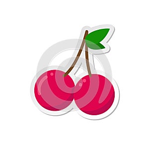 Ripe cherry clipart icon with leaf. flat vector illustration.