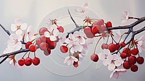 A ripe cherry, its vibrant red hue complemented by dainty cherry blossoms and leaves