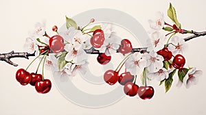 A ripe cherry, its vibrant red hue complemented by dainty cherry blossoms and leaves