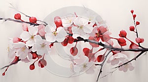 A ripe cherry, its vibrant red hue complemented by dainty cherry blossoms and leaves