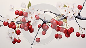 A ripe cherry, its vibrant red hue complemented by dainty cherry blossoms and leaves