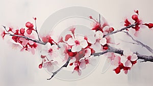 A ripe cherry, its vibrant red hue complemented by dainty cherry blossoms and leaves