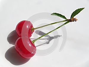 Ripe cherry with a leaf isolated on white background