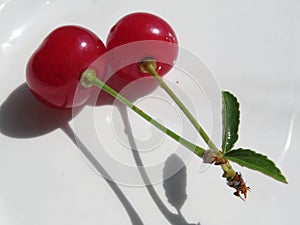 Ripe cherry with a leaf isolated on white background