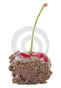 Ripe cherry with melted chocolate isolated on white background. Cherry fondue in hot chocolate with chocolate chip