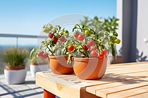 Ripe cherry tomatoes growing in terracotta pots on Sunny Balcony