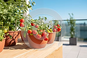 Ripe cherry tomatoes growing in terracotta pots on Sunny Balcony