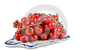 Ripe cherry tomatoes on a vine, three bunches on a white isolated background, space for text