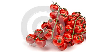 Ripe cherry tomatoes on a vine, three bunches on a white isolated background, space for text,