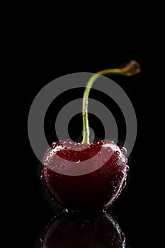 Ripe cherry with water drops on black