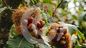 Ripe Chestnuts on Chestnut Tree in Autumn