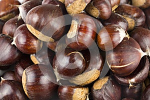 Ripe chestnuts close up. Raw Chestnuts