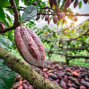 Ripe cocoa fruits ripen on the trees, generative AI