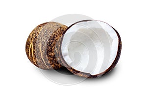 Ripe Coconut and half cut Isolated on a white background