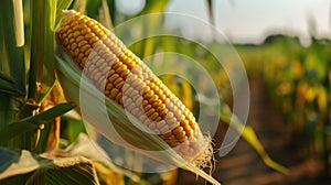 Ripe corn on the cob in the field, close-up. Agriculture concept with a copy space.