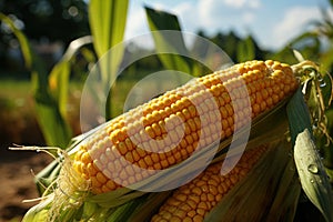 Ripe corn on the cob in the field, close-up. Agriculture concept with a copy space.